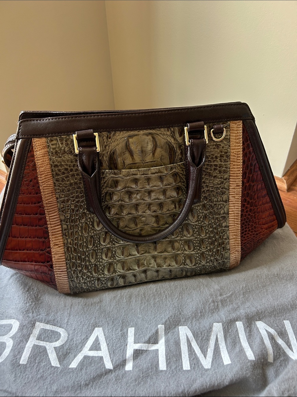 Brahmin Olive, Rust & Brown Croc-Embossed Satchel - Picture 3 of 11